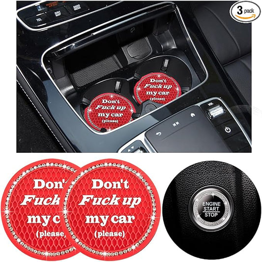 Ziciner 2 Pack Bling Car Cup Holder Coasters with Start Stop Button Cover, 2.75 inch Crystal Rhinestone Soft Rubber Auto Cup Insert Pad, Non-Slip Universal Vehicle Interior Accessories (Red)