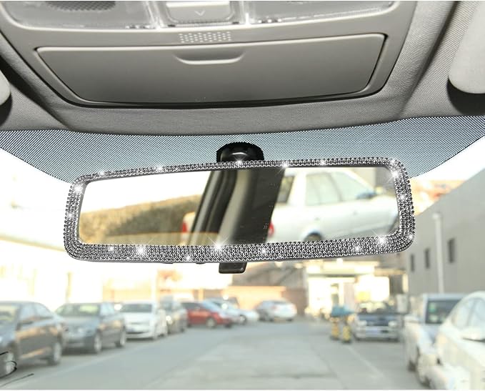 Car Bling Rearview Mirror, Rhinestones Crystal Diamonds Rear View Mirrors with HD Glass, Universal Clip-on Rear View Mirrors for Cars, Vehicles, SUVs, Car Accessories for Women Girls (Black)