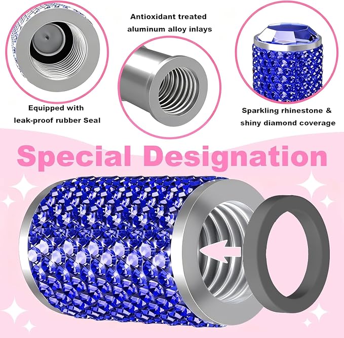 4Pcs Car Tire Valve Stem Caps, Bling Tire Air Cap for Car, Universal Stem Covers, Anodized Aluminum Tires Valve Cap with O Rubber Ring, Crystal Diamond Car Accessories for Women