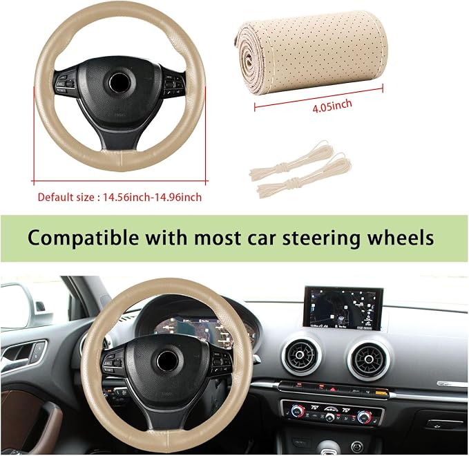 Kewucn Genuine Leather Steering Wheel Cover, 15" Universal Car Steering Wheel Protector with Needle Thread, Breathable Anti-Slip Steering Wheel Cover DIY Stitch on Wrap (Beige, Full Hole)