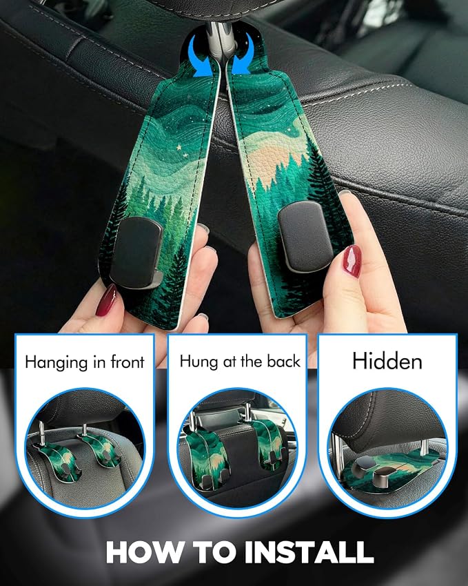 WOCOCN Purse Holder for Car, 2 Pack Heavy Duty Purse Hanger for Car, PU Leather Car Seat Hooks for Purses and Bags, Cute Forest Headrest Organizer for Handbags & Backpacks