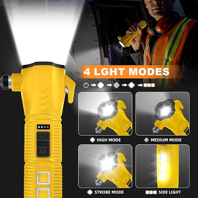 Emergency Car Flashlight - 2000 Lumen Dual Light 4-Level Battery Indicator Window Breaker & Seatbelt Cutter USB Rechargeable Ultra-Light 108g Car Emergency Too (Dark Yellow)