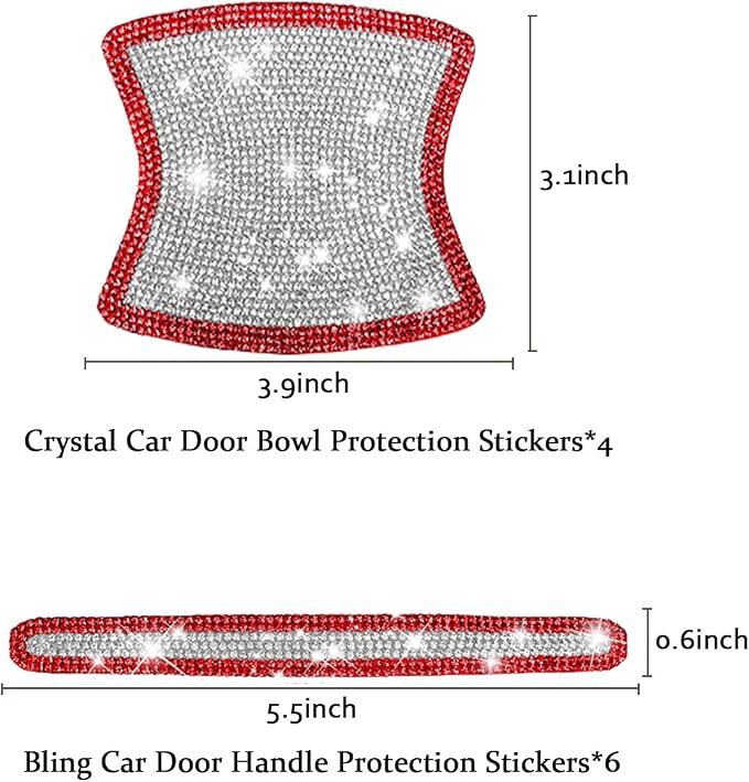 BetterJonny 10PCS Crystal Car Door Handle Scratch Protector, Rhinestone Bling Stickers for Women and Girls (Red+White)