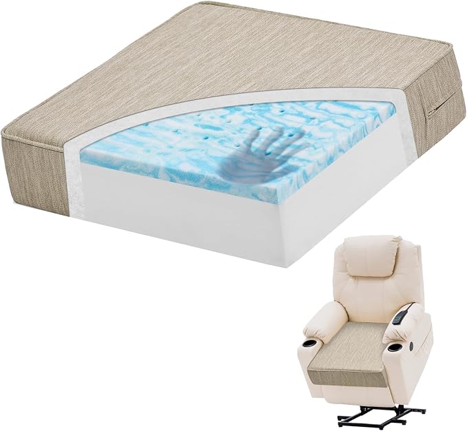 baibu Dual-Layer Gel Memory Foam Recliner Cushions for Elderly, 18x18x4 Inch Thick Non-Slip Recliner Seat Cushion Suitable for Couches, Armchair, Wheelchair, Beige