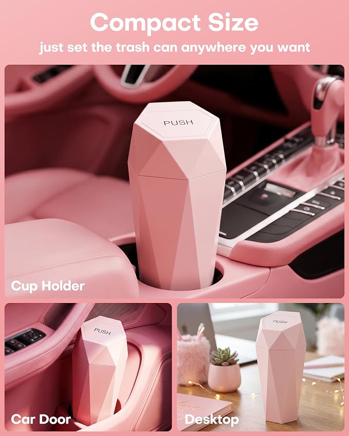 HOTOR Car Trash Can with Lid - 1 Pack, Car Accessories for Interior, Leakproof Vehicle Garbage Can with 15 Attached Trash Bags, Multipurpose Organizers and Storage for Home, Office, Pink