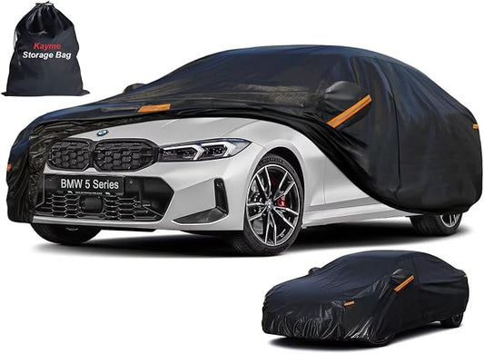 Kayme 7 Layers Sedan Car Cover Custom Fit for BMW 5-Series，M5 528i 530 530i 535i 540i (1988-2026), Waterproof All Weather for Automobiles,Rain Sun UV Protection.Black