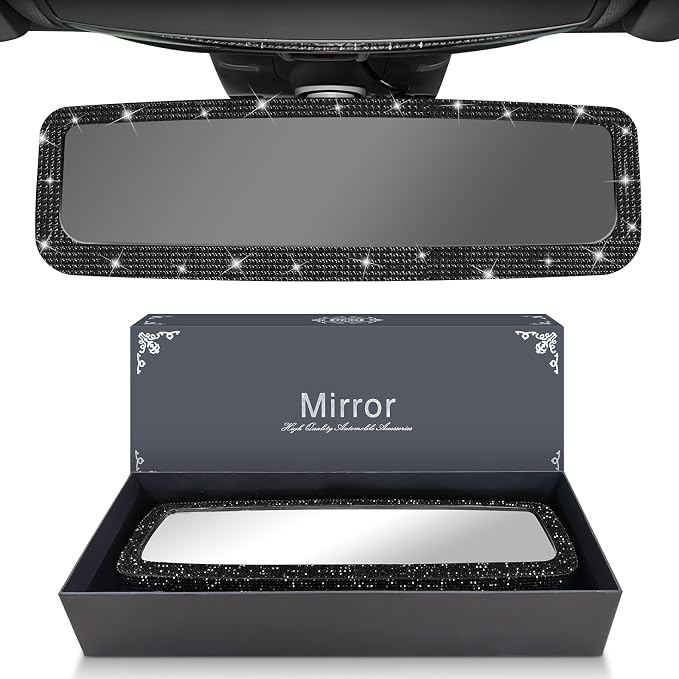 Bling Car Rear View Mirror, Rearview Accessories with Rhinestones Crystal Diamonds，Bling Car Accessories for Women (Black)