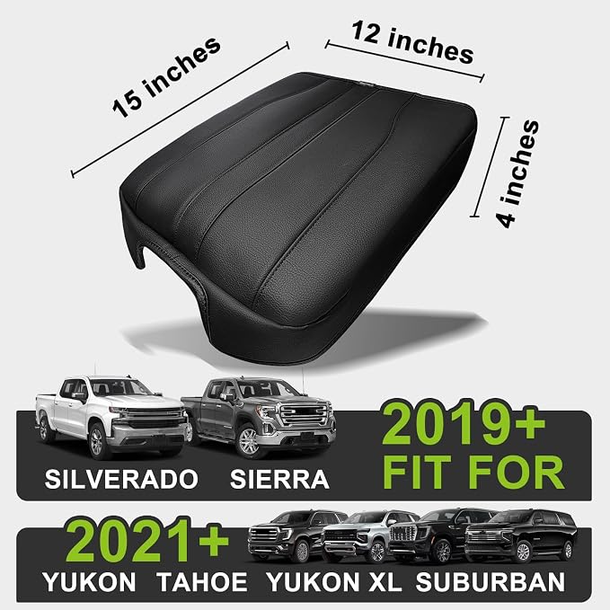 Muslogy Center Console Armrest Cover Fit for Chevy Silverado GMC Sierra 2019-2026, GMC Yukon & Chevy Tahoe & Suburban 2021-2026 Accessories, Armrest Pad Console Lid Cushion Vegan Leather Regular Thick