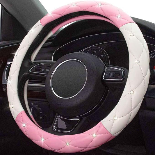White Pink Steering Wheel Cover, Anti-Slip Steering Wheel Protector with Crystal Rhinestones Microfiber Leather, Steering Wheel Cover for Women and Girl Fit 14.5-15 inch