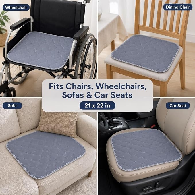 RIQINXIN Waterproof Chair Pads for Incontinence 4 Pack Reusable Seat Protector Pads 22" x 21" Washable Chair Protector Seat Cover Non-Slip Absorbent Incontinence Pad for Bed Wheelchair Kid & Pet Grey