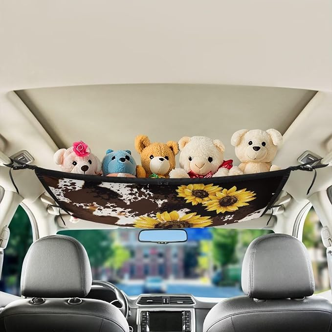 Dreaweet Brown Cow Print Car Ceiling Cargo Net Storage Net,Sunflower Car Accessories Interior Vehicle Cargo Net for Car with Zipper Road Trip Essentials Car Organizer Hanging on Car Truck SUV Roof