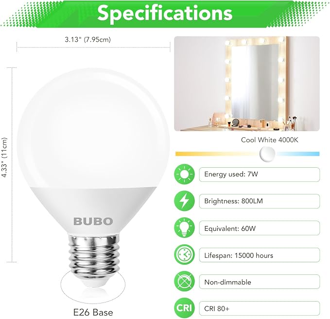 BUBO Vanity Light Bulbs 60 Watt Equivalent, Globe Light Bulbs Cool White 4000K, Bathroom Light Bulbs, Round Light Bulbs, G25 LED Light Bulbs 800 Lumens, E26 Medium Base, 7W, Non-Dimmable, 12 Pack