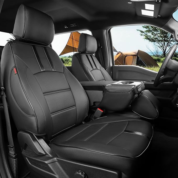 coverdream F150 Seat Covers for 2015-2020 Ford F150 SuperCab & 2017-2022 F250/F350 SuperCab XL/XLT/Lariat,2-Door,Fully Covered,Waterproof Leather Seat Protector(Full Set,Black & Carbon Fiber)