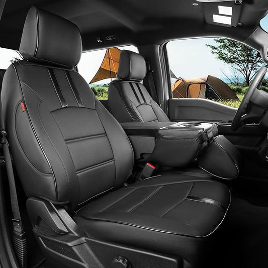 coverdream F150 Front Seat Covers for 2015-2020 Ford F150 SuperCab & 2017-2022 F250/F350 SuperCab XL/XLT/Lariat,2-Door,Fully Covered,Waterproof Leather Seat Protector(2-Pack,Black & Carbon Fiber)