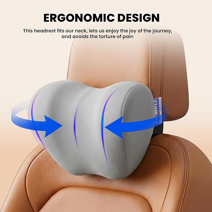 ZZ-WELL Car Headrest Pillow, Car Neck Pillow for Neck Pain Relief with Adjustable Strap, Memory Foam & Breathable Removable Cover, Travel Car Neck Pillow for Pain Relief While Driving (Grey, 2Pack)