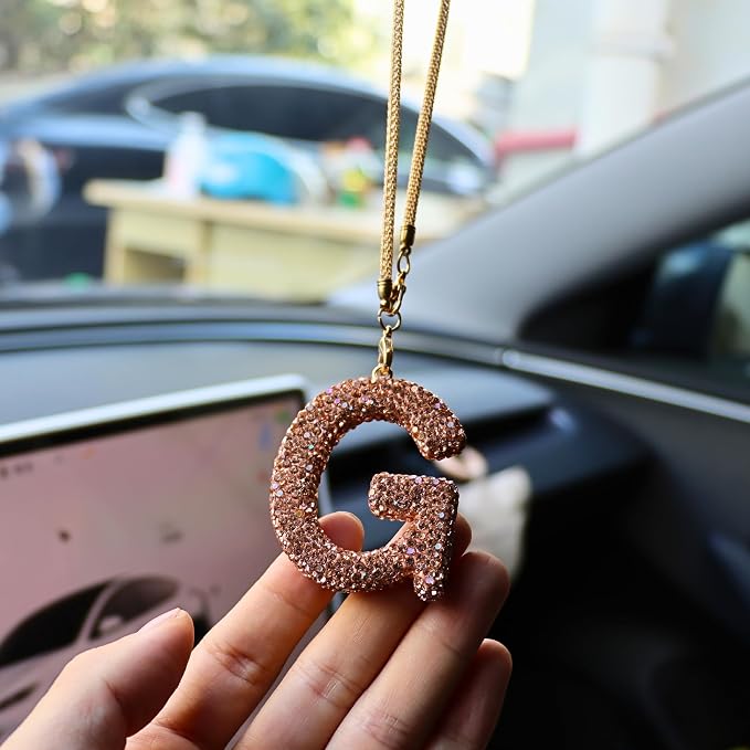 Bling Car Accessories for Women Letter Charm, Rainbow Crystal Rearview Mirror Pendant, Cute Diamond Rhinestone Car Decor, Lucky Gift for Women(G, Champagne Gold)