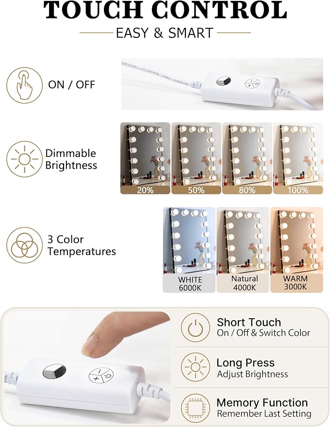 Waneway 14 Bulbs Vanity Lights for Mirror, Plug in Power Adapter & Touch Control Dimmer, 3 Color Modes, 1260 Lumens, Stick on LED Makeup Lights Kit (Mirror Not Included)