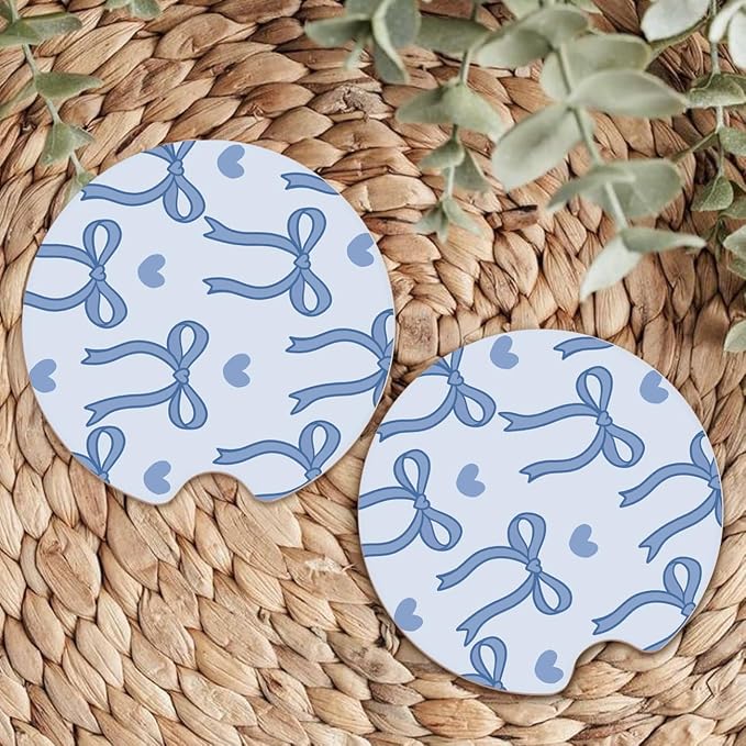 Ceramic Car Coasters – Absorbent Car Cup Holder Coaster Set for Women, Cute Aesthetic Car Accessories for Girls, 2 Pack (Blue)