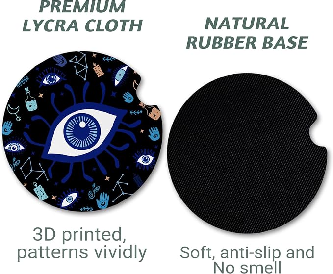 Yonlevres Car Coasters for Cup Holders，2.75" Anti Slip Rubber Mat with A Finger Notch, 2 Pack Car Cup Holder Coasters for Car Interior Accessories for Women Men Evil Eye