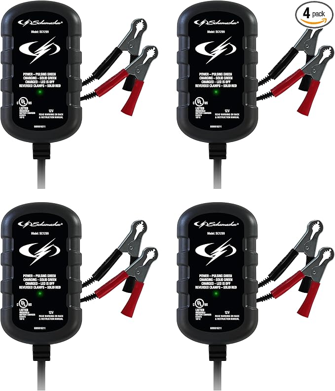 Schumacher Electric 0.8A Car Battery Charger and Maintainer,2-in-1 Solution,for 12V Power Sport,Automotive,and Marine Batteries,SC1299,(Pack of 4)