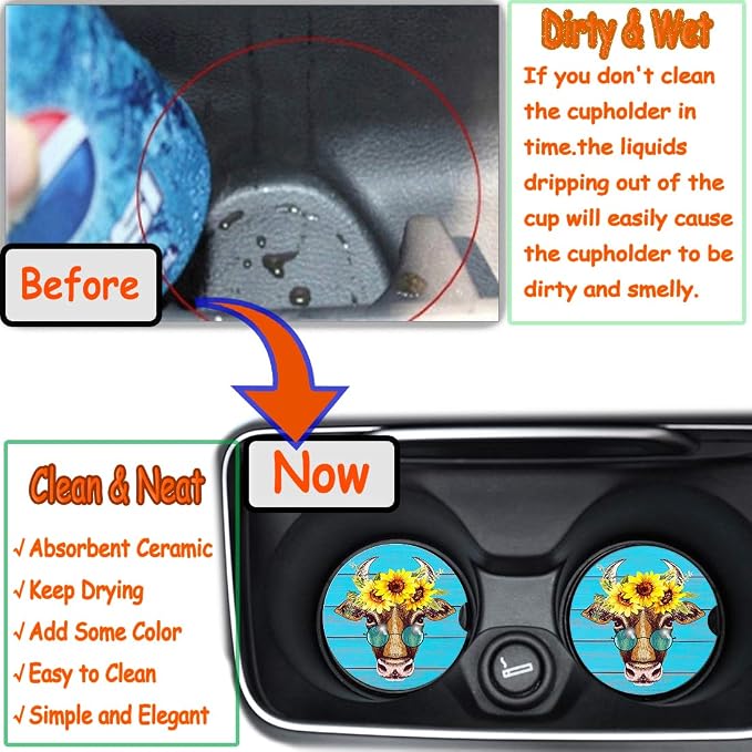 Car Coasters Pack of 2, Fun Sunflower Cow Design Absorb Condensation for Protect The Car Cup Holder and Keep Your car Clean, Small 2.56" Diameter, Easy Removal of Auto Cupholder（Blue Cow）