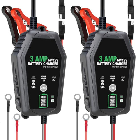 2 Pack 3 AMP Battery Charger, 6V/12V Battery Maintainer Trickle Chargers | Smart Battery Charger, Fully Automatic Battery Chargers for Car, Motorcycle, Boat, Lead-Acid, Lithium, LiFePo4 Batteries