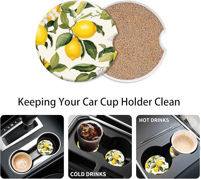 Cup Holder for Car,Lemons and White Flowers Ceramic Coasters Non-Slip Cup Holder Insert with Fingertip Grip, Auto Interior Accessories for Women & Men,Pack of 2, 2.56In