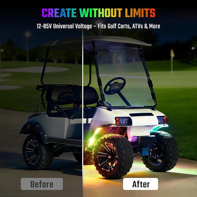 CLUBRALLY Golf Cart Underglow LED Light Strip Kit, 28 Modes Neon Underbody Glow, 12-85V, Music Sync, Wireless Remote, IP67 Waterproof Flexible Tubes, Fits EZGO, Club Car, Yamaha, 2 Pack