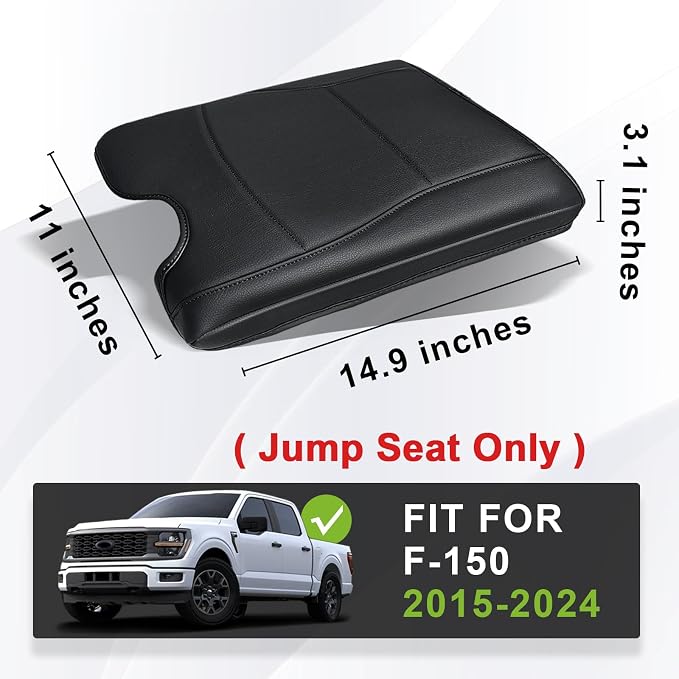 Muslogy Center Console Armrest Cover Fit for Ford F-150 F150 2015-2026 & F250 F350 F450 2017-2026 Accessories, Comfort Armrest Pad Console Lid Cushion Vegan Leather Regular Thick(Jump Seat ONLY)