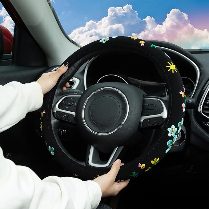 Embroidered Floral Bee Cute Black Steering Wheel Cover, Auto Anti-Slip Breathable Steering Wheel Protector,Floral Car Accessories for Women,Universal Size Fit Most Cars -15 inch