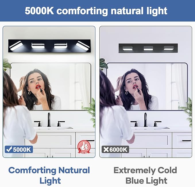 Torondo 360° Rotate LED Bathroom Vanity Light Fixtures, Acrylic Vanity Lights for Bathroom, Modern Wall Lighting Fixtures Over Mirror Living, Matte Black, 100%-0% Natural White, 4-Light, 27-Inch