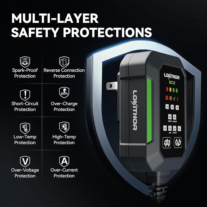 LOKITHOR BC2 Car Battery Charger 2A/1A/750mA Adjustable Currents, 6V/12V Automatic Battery Maintainer, Trickle Charger & Desulfator with Overcharge Protection, Double Pulse Repair, Forced Charging