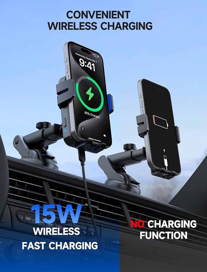 MOKPR Wireless Car Charger, 15W Auto Clamping Car Charger Dash Windshield Air Vent Phone Holder Compatible with iPhone 16 15 14/13/13 Pro/12 pro/12/11/X/8, Samsung S24/S23/S22, Blue