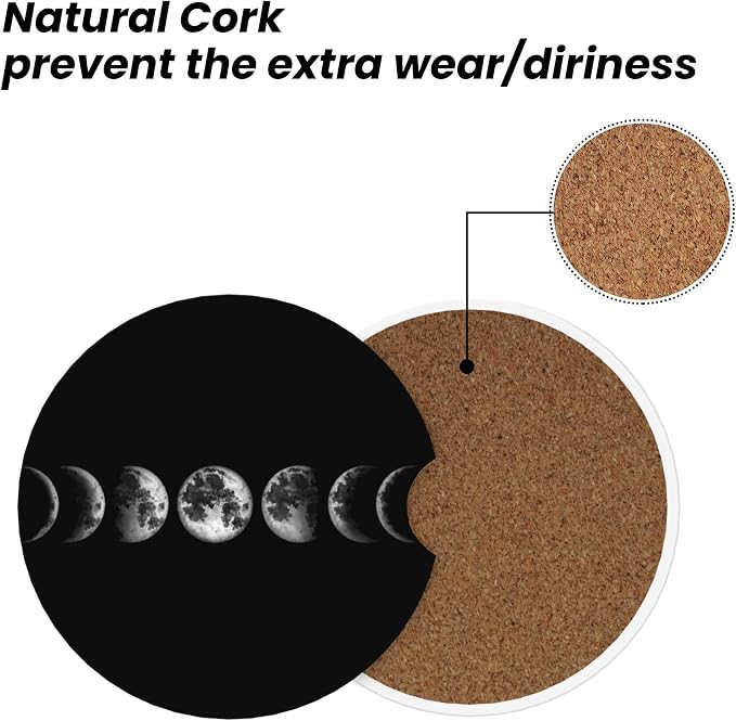 Moon Art Car Cup Holder Coasters 2 Pack 2.63" for Women | Universal Anti Slip Ceramic Absorbent Coaster with Cork Base and Finger Notch Cute Car Accessories Interior