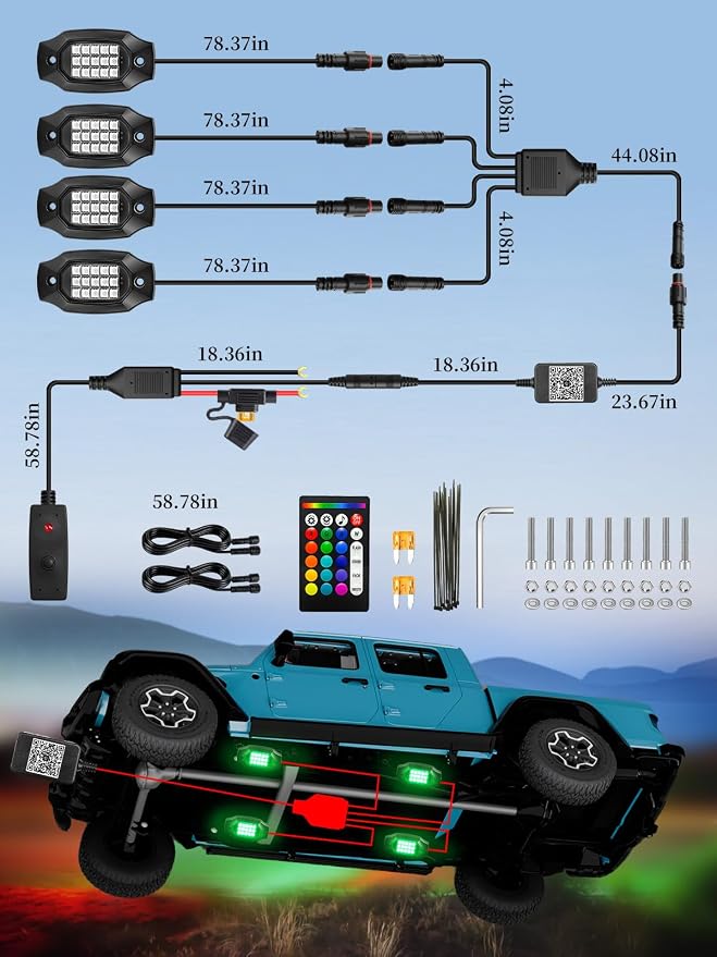 4 Pods RGB LED Rock Lights with APP/RF Remote Control High Brights Waterproof Underglow Multicolor Zone Neon Exterior Rock Lights for 12V Trucks Jeep UTV ATV RZR Offroad Pickup SUV Accessory