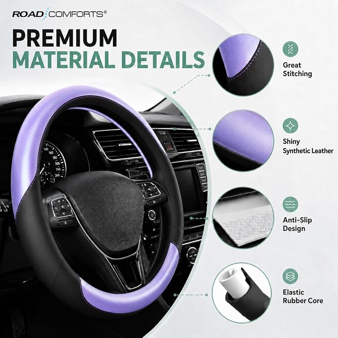 Road Comforts Steering Wheel Cover – Breathable Leather Steering Wheel Cover, Anti-Slip Grip, Universal Fit 14.5” to 15”, Heat & Cold Resistant for Cars, SUVs, and Trucks – Black & Shining Purple