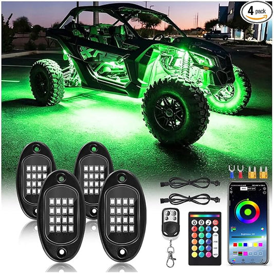 4Pods RGB LED Rock Lights Kit with APP/RF Remote Control, Car Underglow Lights with Brake Music Mode Multicolor Neon Underbody Lights Waterproof 12V for Trucks Pickup Jeep Golf Cart SXS ATV