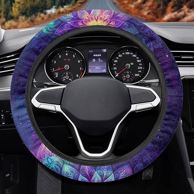 AFPANQZ Automotive Steering Wheel Covers Universal Fit 14 to 15 inch, Purple Bohemian Flower Steering Wheel Protector with Cloth for Women Keep Warm Comfort Grip Sweat Absorption Neoprene