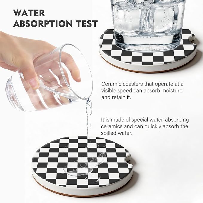 2 Pack Car Coasters for Cup Holders, Absorbent Ceramic Cup Coaster with Cork Base and Finger Notch, Cute Car Accessories Interior for Women Men (Grid-Black)