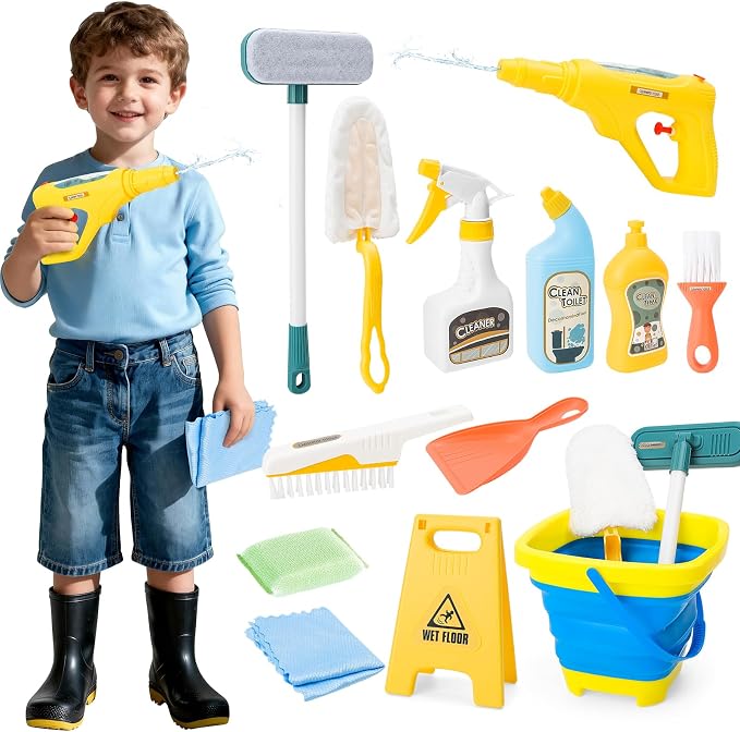deAO Kids Car Wash Toy Cleaning Set with Brush Spray Bottle Ages 3+ | 13Pcs Cleaning Toy Set with Bucket,Caution Sign,Christmas Birthday Gift,for Girls Boys