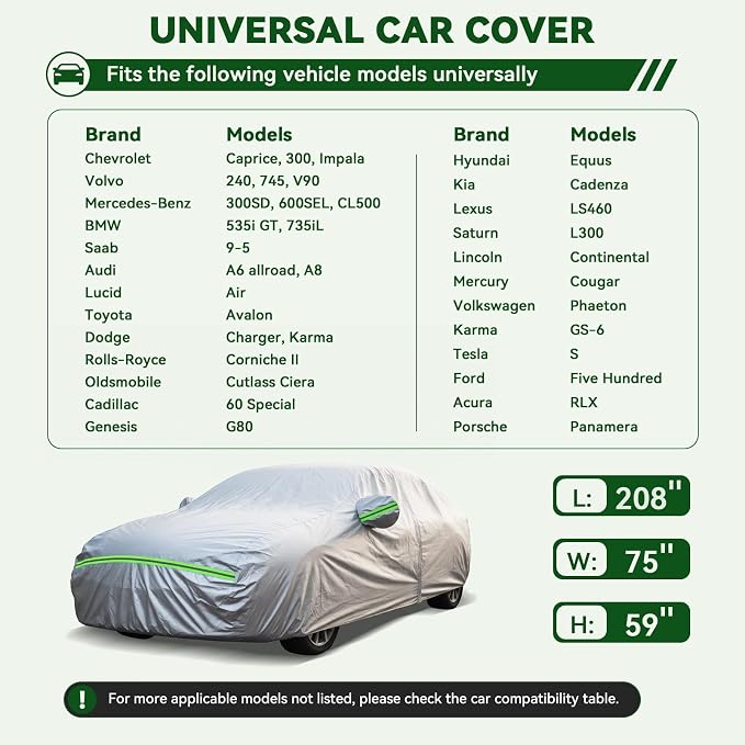 AUQDD 6-Layers Premium Sedan Car Cover Waterproof All Weather Weatherproof UV Sun Protection Snow Dust Storm Resistant Outdoor Exterior Custom Form-Fit Full Padded Car Cover with Straps 197"-208" K4