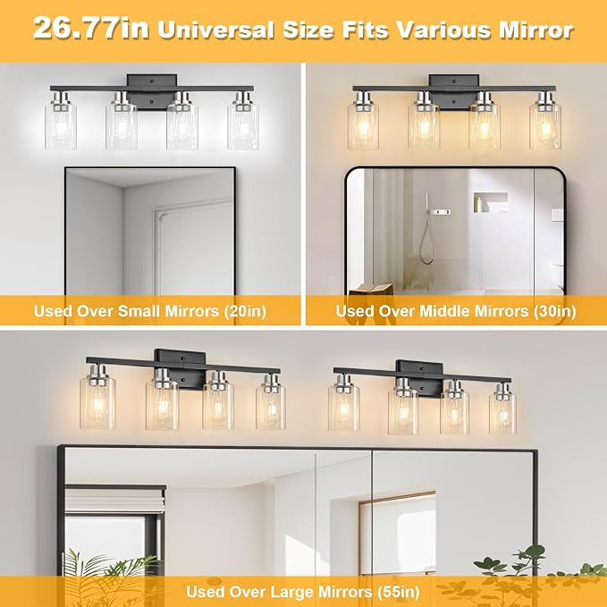 Unicozin Modern Bathroom Light Fixtures, 4 Light Vanity Lights Over Mirror, Black and Brushed Nickel Wall Lamp with Clear Glass for Living Room Cabinet Bedroom Porch