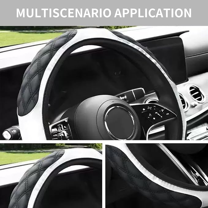 15 Inch Leather Steering Wheel Cover, Automotive Accessories Breathable Anti-Slip Elastic Soft Wheel Protector, Fit for Most SUVs Trucks and RVs (White)