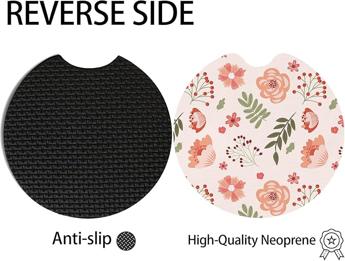 2pcs Cute Pink Flowers Car Coasters,Absorbent Universal neoprener Cup Holder Coasters with a Finger Notch,Car Accessories for Women&Man Interior，2.75" 4