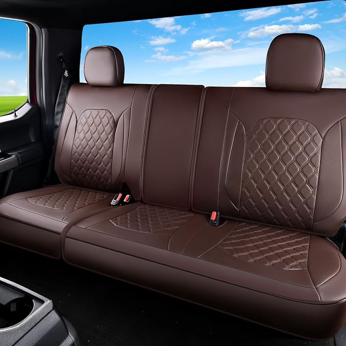 Huidasource F150 Coffee Rear Seat Covers, Leather Rear Bench Car Seat Cushion Cover Fit for 2015-2026 Ford F150 SuperCrew & 2017-2026 F250 F350 F450 Super Duty Crew Cab Pickup Truck