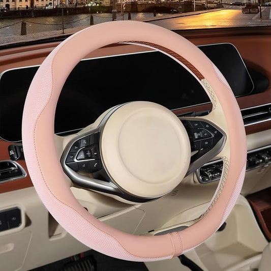 Nappa Leather Ice Silk Fabric Pink Steering Wheel Cover Women | Non-Slip Breathable Soft Car Accessories, Warm in Winter and Cool in Summer, Small 13.5 inch to 14 inch for Prius Civic