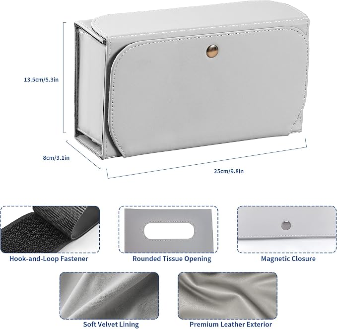 Car PU Leather Clip On Visor Tissue Holder with Mirror Storage Grey | Tissues Box Cover for Sun Visors Large Rectangle Napkin Holder Fit for Various Tissue Sizes Box Organizer for SUV Sedan Truck
