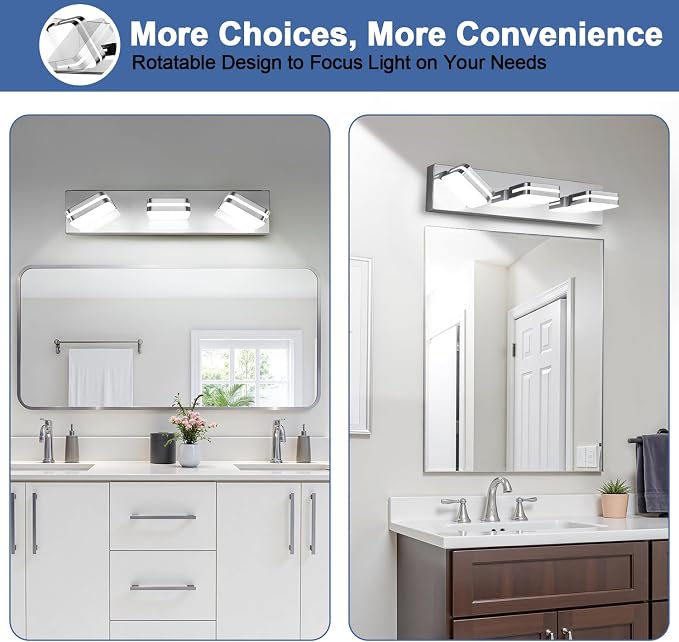 Torondo 360° Rotate LED Bathroom Vanity Light Fixtures, Acrylic Vanity Lights for Bathroom, Modern Wall Lighting Fixtures Over Mirror Living, Chrome, Natural White, 3-Light, 17-Inch