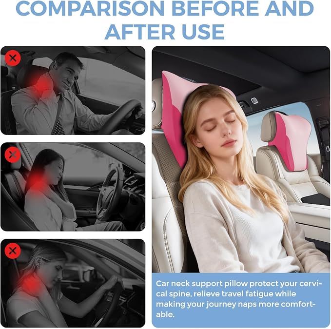 BABUR Car Headrest Pillow, Ergonomic Neck Support for Driving Seat 1 Pcs | Pink,100% Memory Foam,Universal Fit,Softness,Adjustable Strap,Breathable Removable Cover,Car Rest Pillow for Pain Relief
