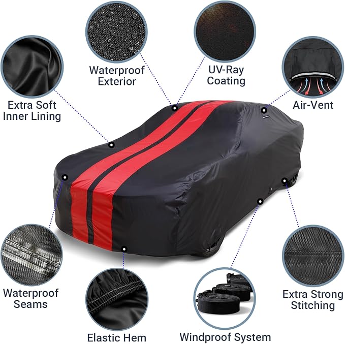 iCarCover Premium Heavy Duty Car Cover - Waterproof All Weather Rain Snow UV Protection, Corvair 2-Door 4-Door, SL-Class, AMC AMX, Skyline, Corolla Sedan, Size C24 (See Size Chart), Stripe - Black/Red